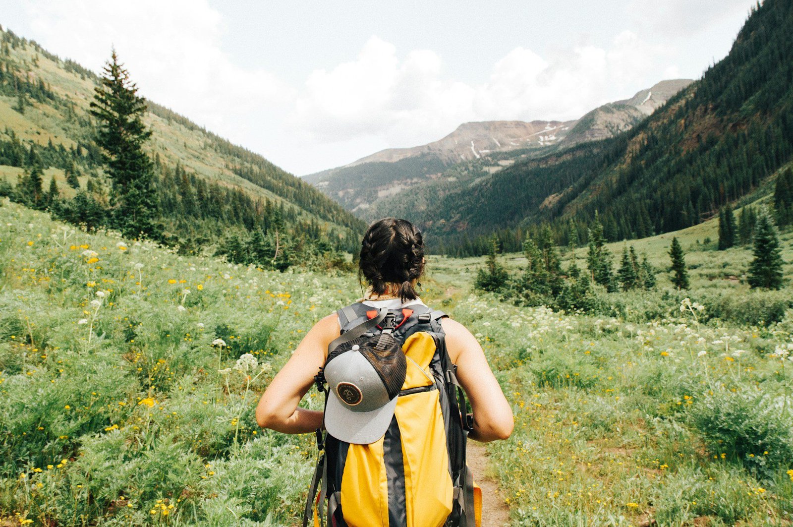 female hiker A rear view of a female hiker with a yellow backpack looking out over a lush green mountain valley under a bright, airy sky.